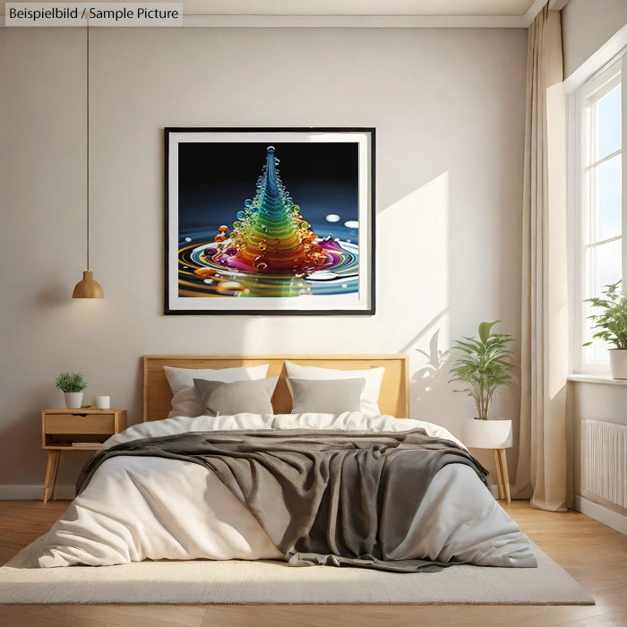 Modern bedroom with a framed abstract art piece, rainbow water droplet pattern on wall, neutral bedding, and sunlight.