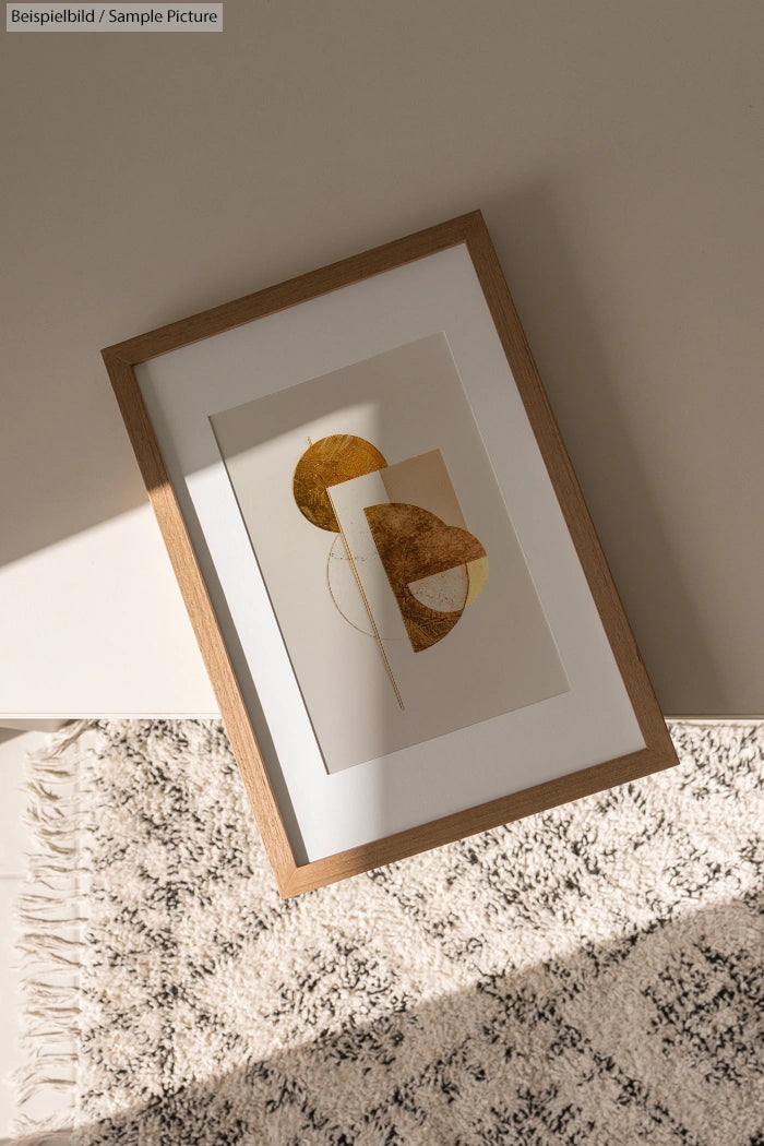 Framed abstract art with golden geometric shapes on a white background, resting on a textured rug.