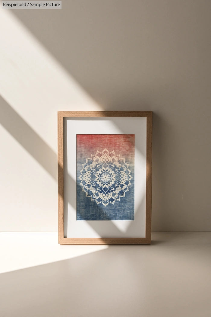 Framed mandala artwork with red and blue gradient, placed on a surface with sunlight casting shadows.