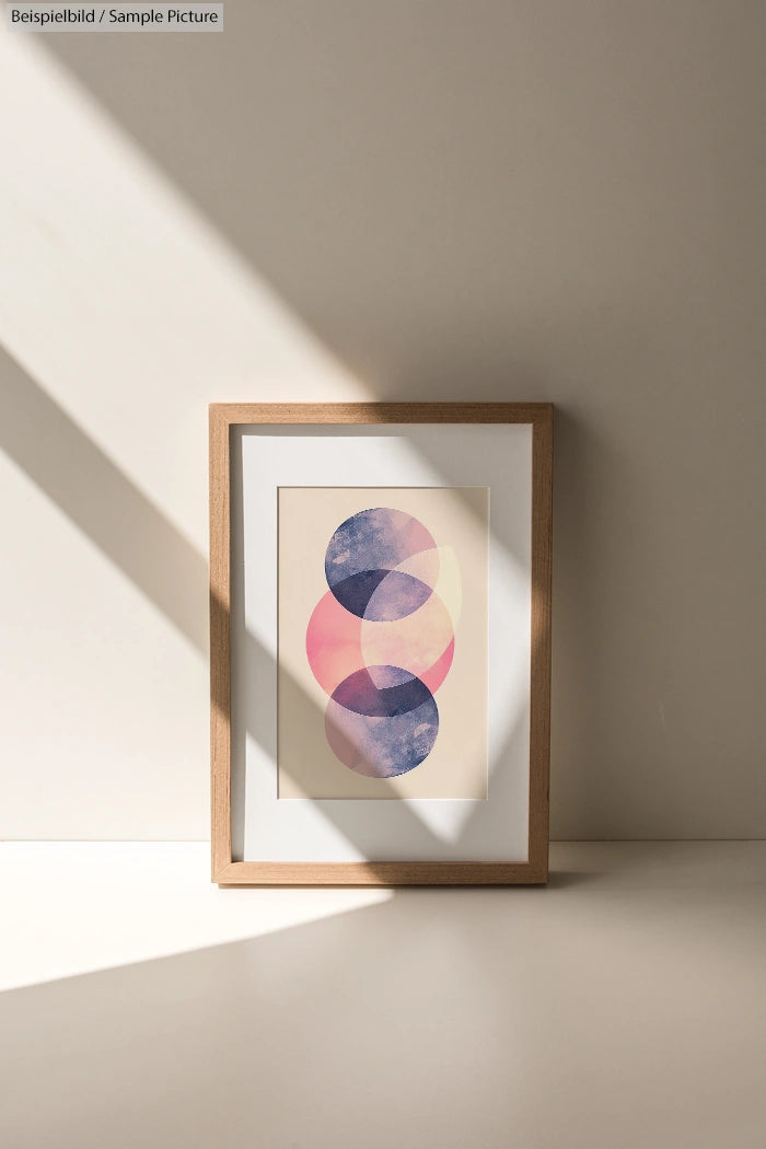 Framed abstract art with overlapping pink and purple circles in sunlight, against a beige wall.