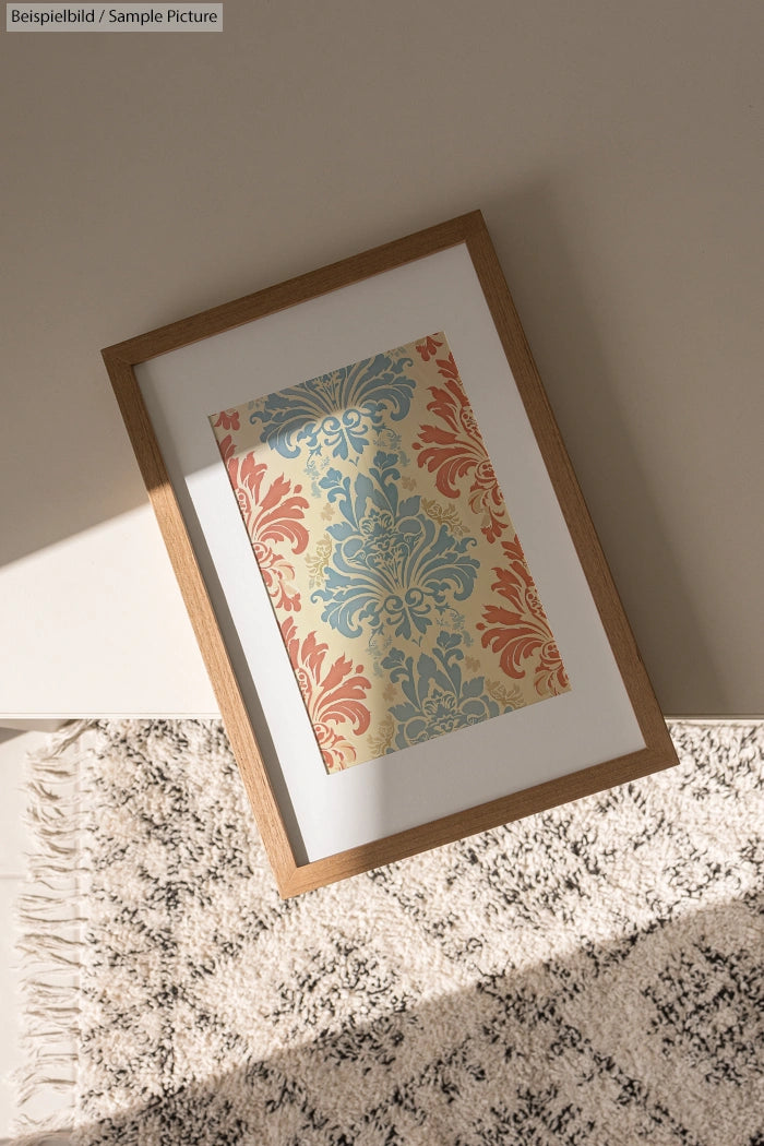 Framed decorative print with blue and red floral patterns, on a patterned rug under natural light.