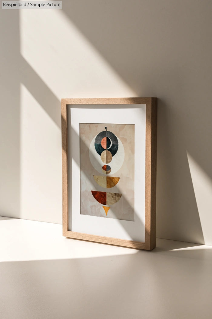 Framed abstract art with geometric shapes in muted colors, leaning on a sunny beige wall.