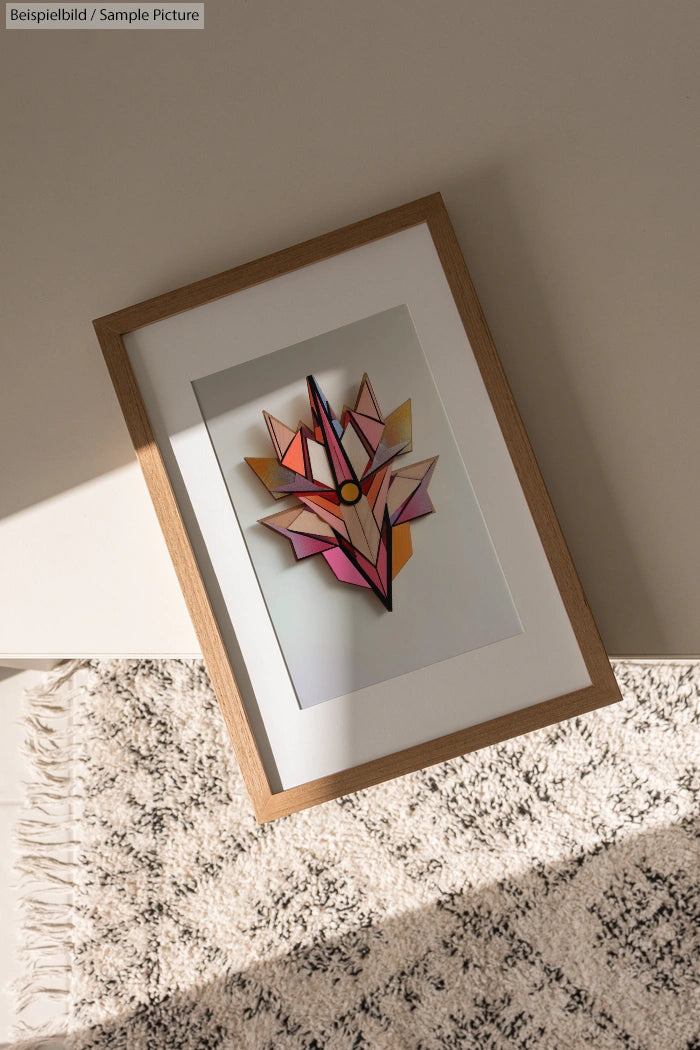 Framed geometric paper art with vivid colors on patterned rug under sunlight.