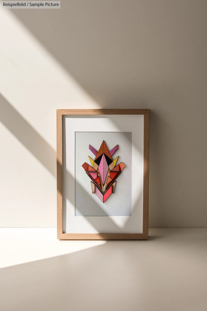 Framed abstract geometric artwork on a shelf, with sunlight casting diagonal shadows on the wall.