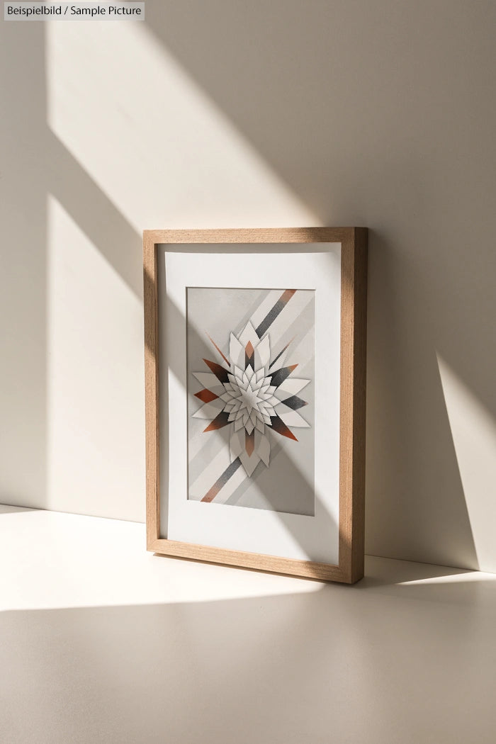 Framed geometric artwork with starburst pattern, featuring shades of gray, orange, and beige, casting soft shadows.