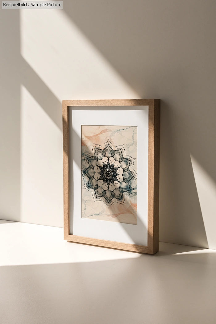 Framed mandala art print in sunlight on a white surface, casting soft shadows.