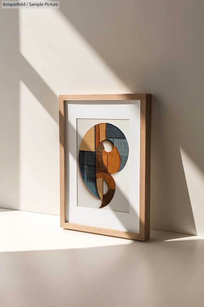 Framed abstract art with geometric shapes in wood finish, casting shadows on a sunlit white surface.