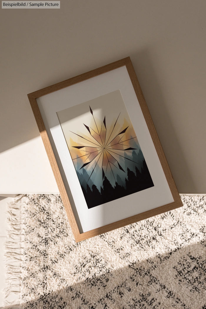 Framed geometric artwork with starburst design in warm colors on a light floor with partial rug visible.