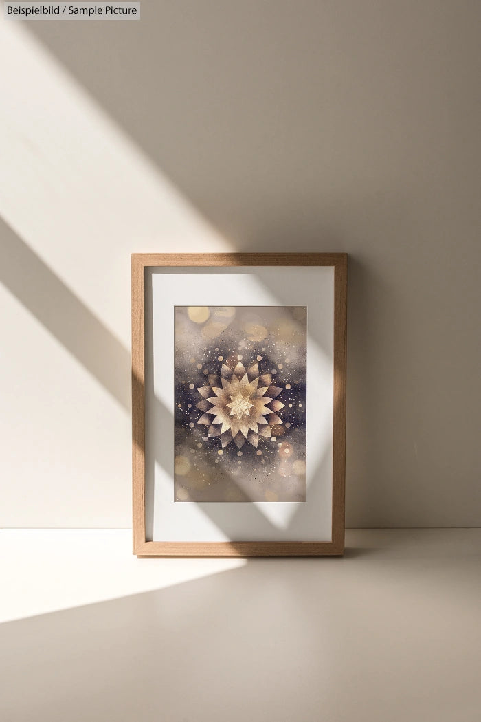 Framed geometric art print in soft light with beige wall and shadows.