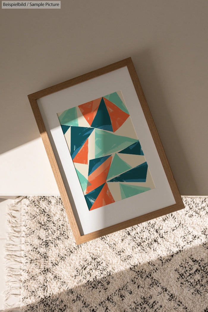 Framed geometric art print with orange, teal, and green triangles, resting on a light patterned rug in soft lighting.