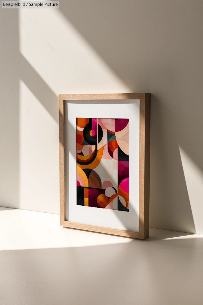 Framed abstract artwork with geometric shapes in vibrant orange, pink, and black, standing on a white surface.