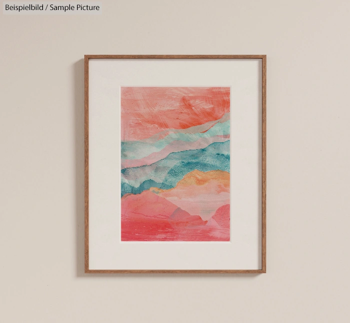 Framed abstract painting with red, pink, and blue layered swirls on a white background.