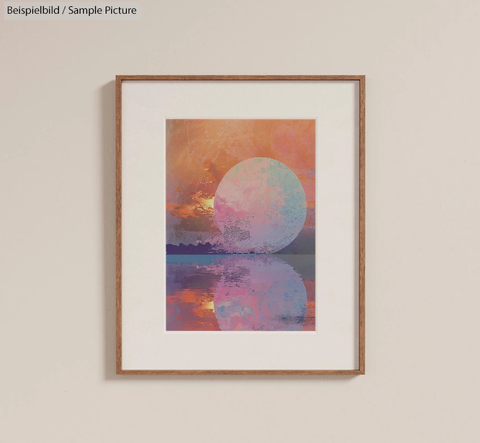 Framed abstract art of a colorful circle reflecting on water against a warm-toned background.