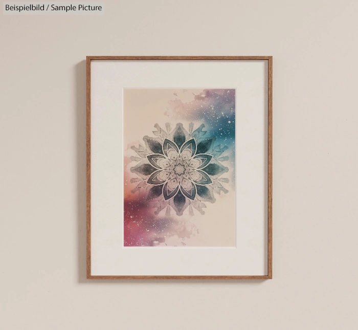 Framed abstract floral art print with a blend of pastel pink, blue, and white shades on a light wall.