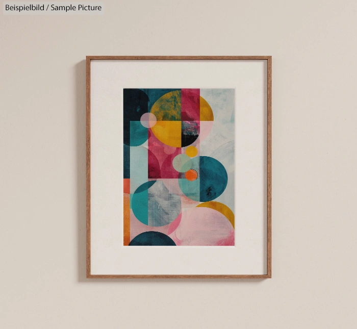 Framed abstract art print with colorful geometric shapes on a textured canvas.