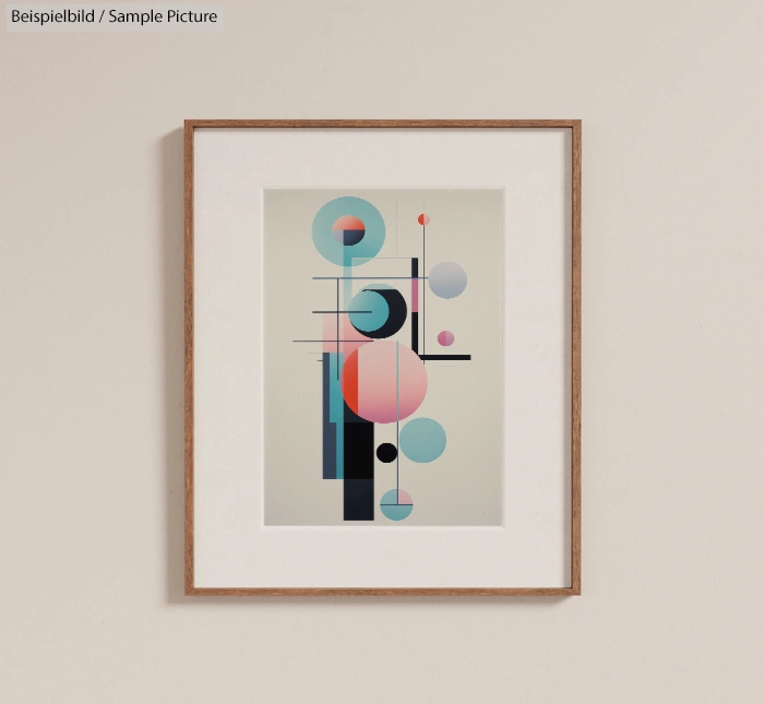 Framed geometric abstract art with colorful circles and lines on a neutral background.