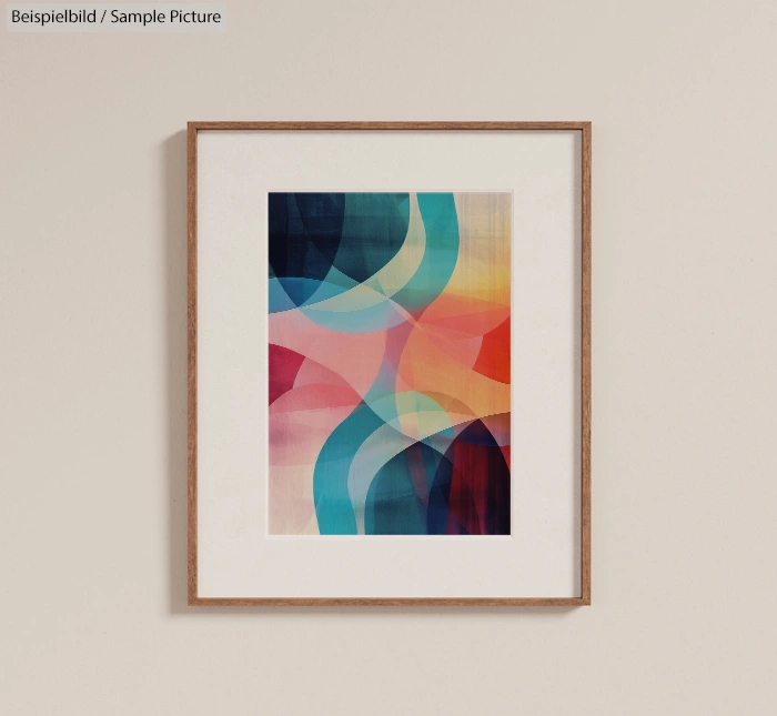 Framed abstract artwork with colorful overlapping shapes on a minimalist wall.