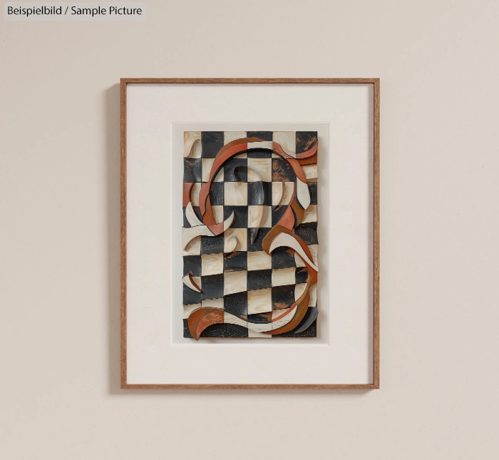 Framed abstract artwork with geometric patterns in brown, beige, black, and white hues.