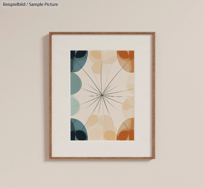 Framed geometric art with circular patterns in blue, tan, and orange hues on a beige background.