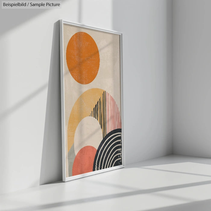 Framed abstract art with geometric shapes and warm colors in a sunlit room corner.