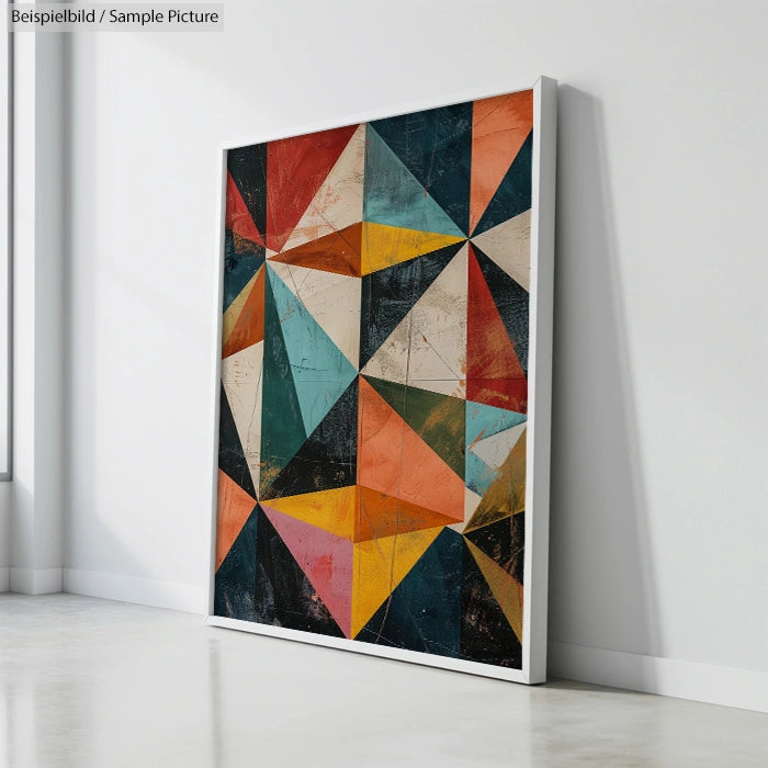 Geometric abstract art with colorful triangles and textured surface, leaning against a white wall.