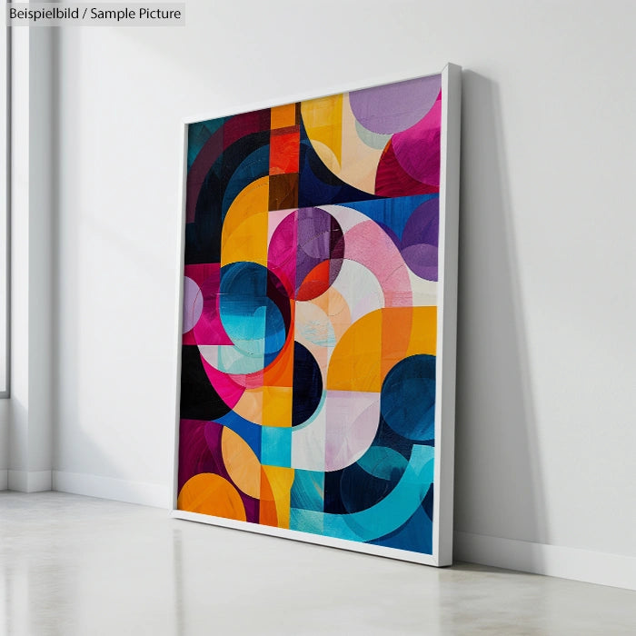 Framed abstract painting with colorful geometric shapes leaning against a white wall in a bright room.