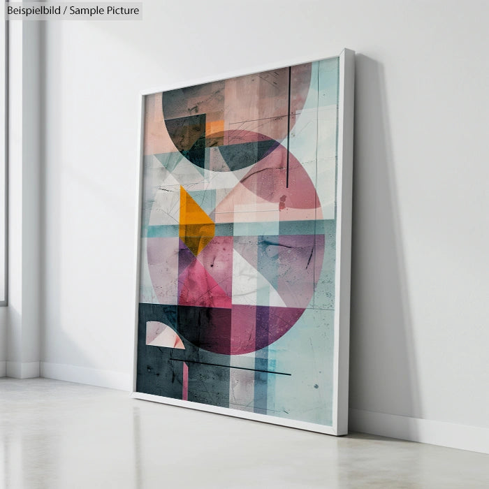 Framed abstract geometric artwork with overlapping shapes in pink, blue, yellow, and gray hues, leaning against a white wall.