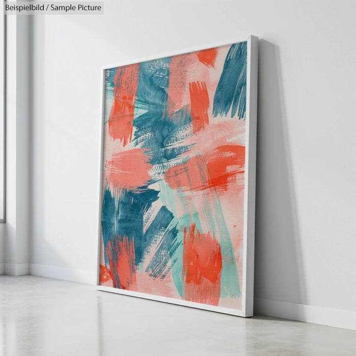 Abstract painting with bold red and teal brushstrokes on a large canvas, leaning against a white wall in a bright room.