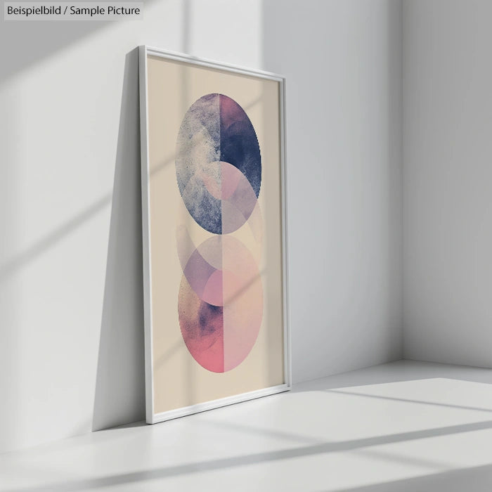 Framed abstract art with overlapping pink and blue oval and circular shapes, leaning against a sunlit wall.