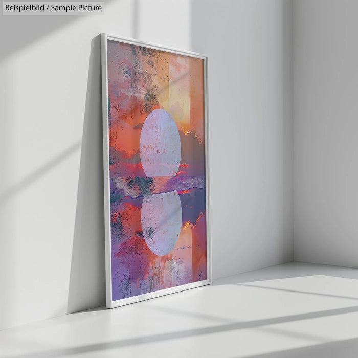 Framed abstract art print in room with sunlight and shadow patterns on white walls and floor.