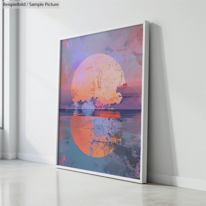 Large abstract painting with a sunset scene reflected on water, featuring pink, purple, blue, and orange hues.