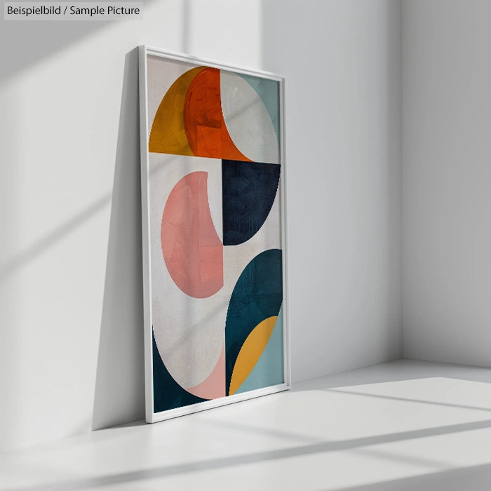 Framed abstract painting with geometric shapes in yellow, orange, teal, and blue, leaning against a white wall.