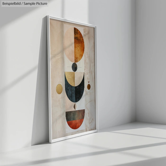 Abstract geometric art in white frame with circles and half-circles on a light background, leaning against a wall.