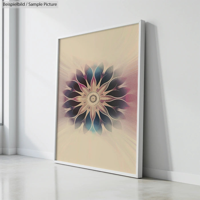 Framed mandala-inspired artwork on a light wall, featuring circular floral patterns with subtle colors.