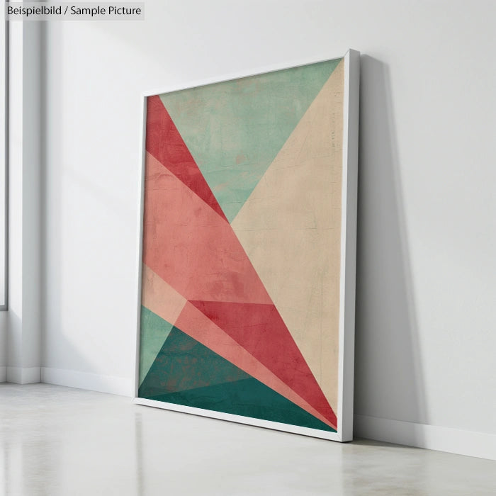 Framed abstract painting with geometric shapes in red, green, and beige, leaning against a white wall.