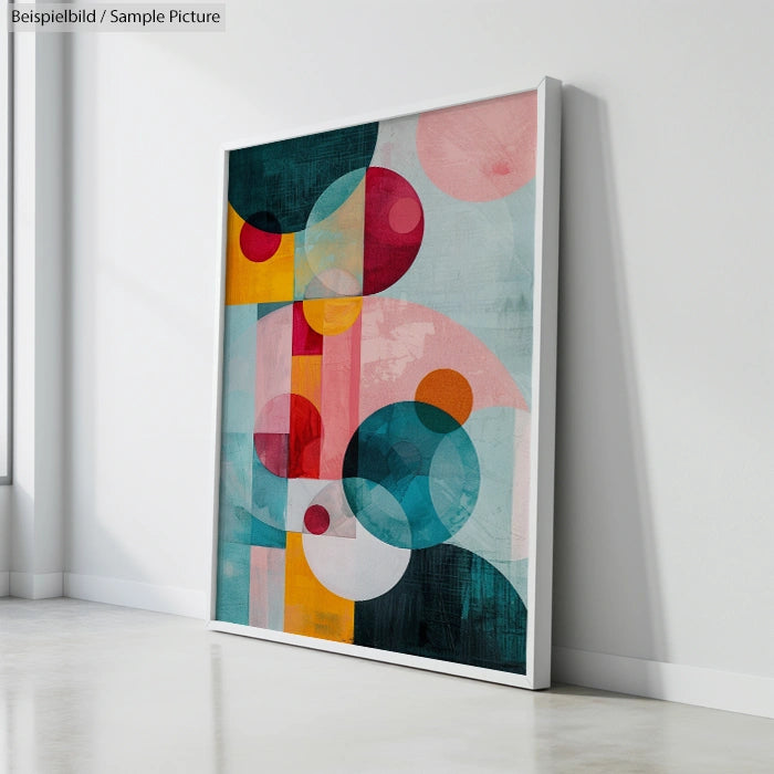 Framed abstract painting with colorful overlapping geometric shapes, leaning against a white wall in a minimalist room.