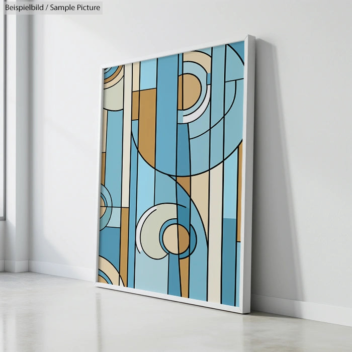 Abstract geometric painting with blue, beige, and brown circles and lines on a floor-leaning canvas in a bright room.