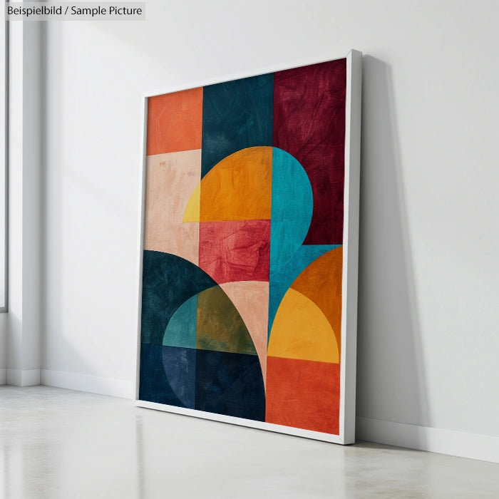 Framed abstract painting with geometric shapes in blue, red, orange, and teal, leaning against a white wall.