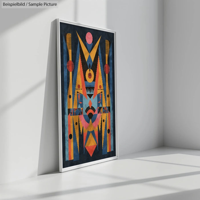 Framed geometric art print with vibrant yellow, red, and black shapes leaning against a white wall.