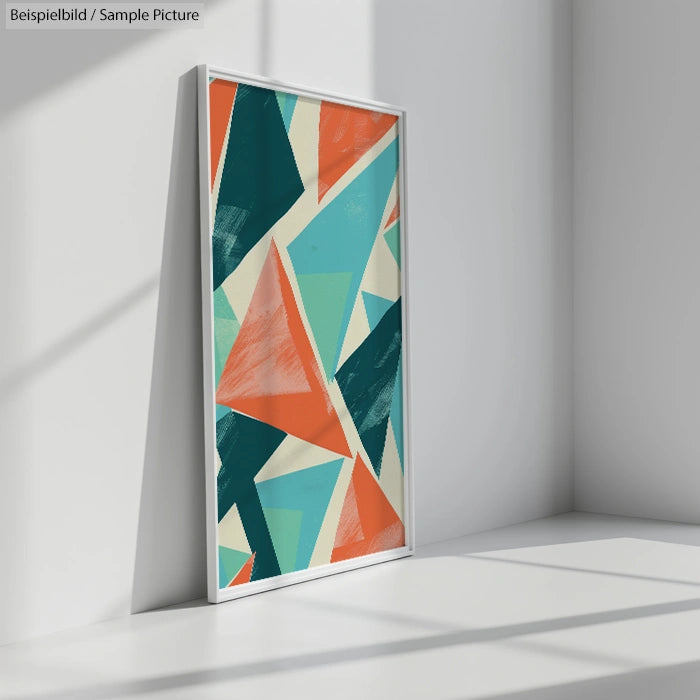 Framed abstract artwork with geometric shapes in teal, orange, and cream, displayed in sunlit corner.