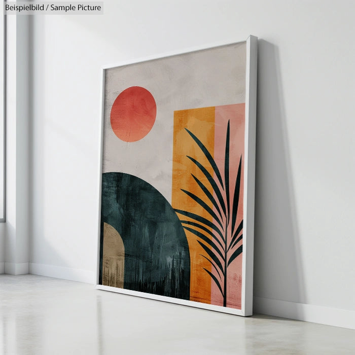 Abstract painting with geometric shapes and plant silhouette, featuring red circle and black arch on muted background.