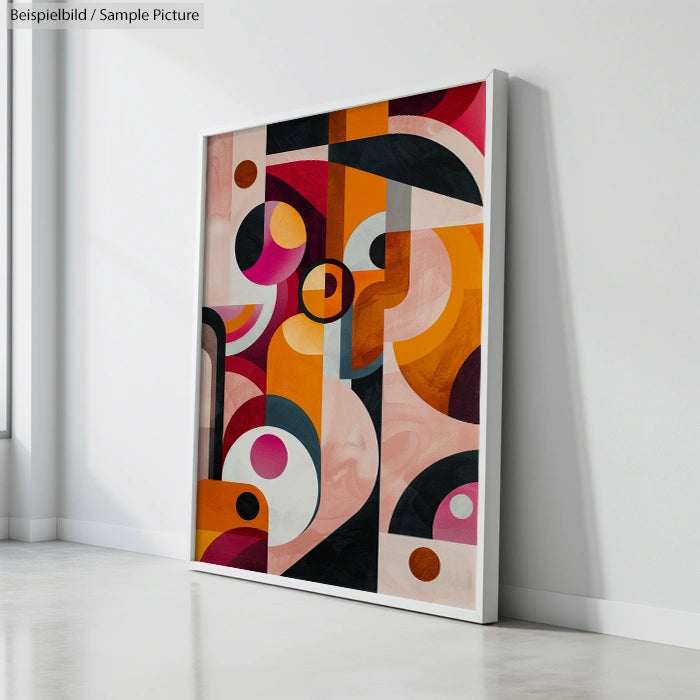 Geometric abstract painting with bold arcs, circles, and angles in orange, pink, and black, leaning against a white wall.