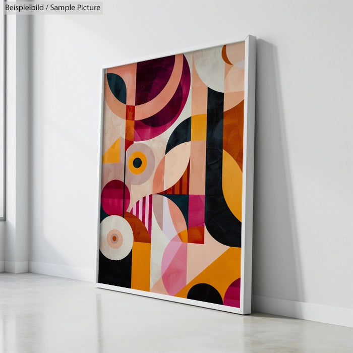 Abstract geometric artwork with bold colors and shapes, framed and leaning against a white wall in a gallery setting.