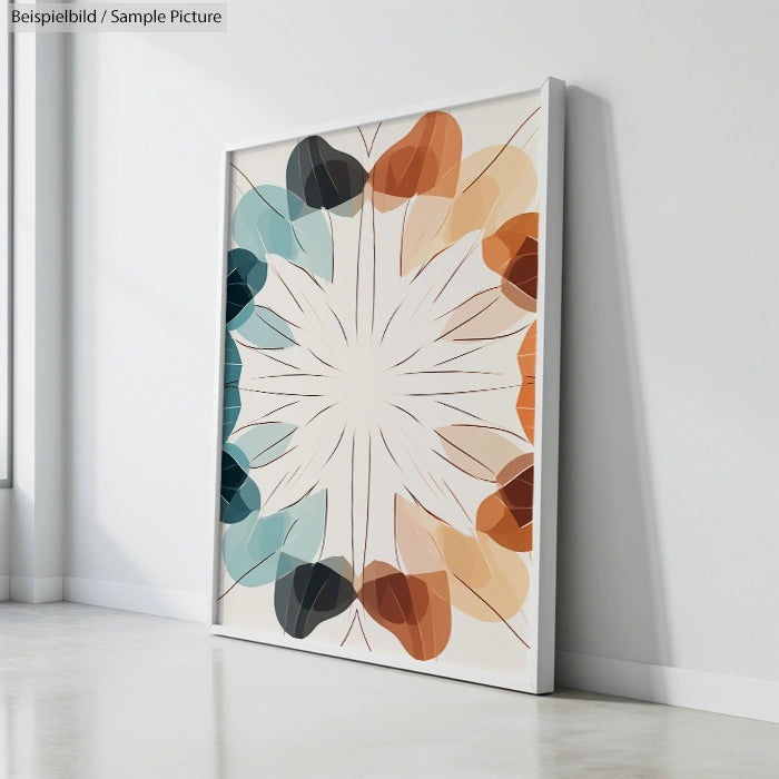 Framed abstract artwork with symmetrical leaf patterns in blue, orange, and black against a light background.