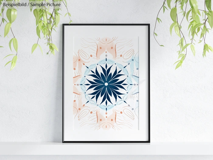 Framed geometric mandala art print with blue and peach colors, hung on a white wall with hanging green plants.