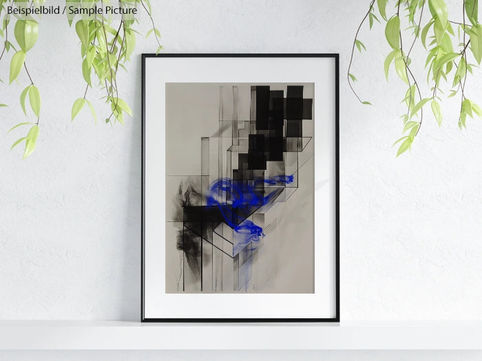 Framed abstract art with black geometric shapes and blue accents, hanging on a white wall with hanging plants.