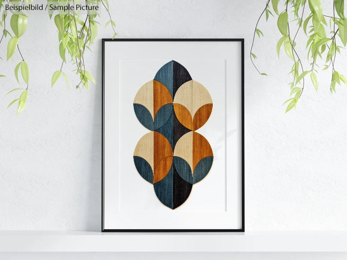 Framed geometric artwork with blue, beige, and brown circles on a white wall, surrounded by hanging green plants.