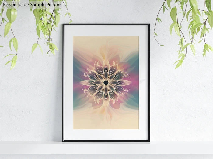 Framed abstract artwork with floral design, displaying pastel colors on a white wall, surrounded by hanging greenery.