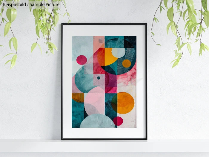 Framed abstract geometric print with colorful circles and shapes, hanging on a white wall with green plants above.