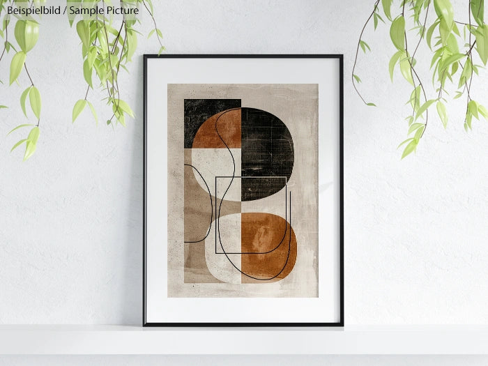 Framed abstract art with brown and black geometric shapes on white wall with hanging plants.